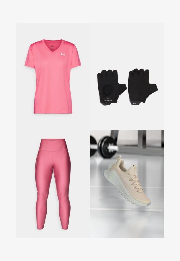 Rosa Sport T-Shirt mit V-Ausschnitt, kurzen Ärmeln und einer leichten, glatten Textur. Mit einem weißen Logo auf der oberen linken Seite.; Rosa High-Waist-Leggings aus einem glatten, dehnbaren Material, mit flachen Nähten und einem kleinen Logo am Unterschenkel.; Leichter Sneaker in einem sanften Beigeton. Verfügt über ein strukturiertes Obermaterial, flache Schnürsenkel und eine dicke, profilierte Sohle mit dezenten Markenakzenten.; Schwarze fingerlose Handschuhe mit einem strukturierten Design. Hergestellt aus einem atmungsaktiven Material, mit einem Daumenloch und verstärktem Handballen für besseren Grip.
