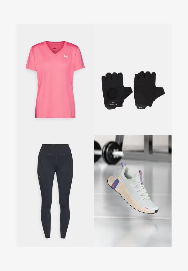 Rosa Sport T-Shirt mit V-Ausschnitt, kurzen Ärmeln und einer leichten, glatten Textur. Mit einem weißen Logo auf der oberen linken Seite.; Schwarze Leggings mit hohem Bund, aus dehnbarem Material, mit subtilen Nahtdetails und kleinen Ausschnitten an der Oberschenkeloberseite.; Sneaker mit einem oberteil aus leicht grauem Mesh, gepolstertem Kragen und strukturiertem cremfarbenem Sohlen. Verfügt über rosa und blaue Akzente sowie eine schwarze Gummisohle.; Schwarze fingerlose Handschuhe mit einem strukturierten Design. Hergestellt aus einem atmungsaktiven Material, mit einem Daumenloch und verstärktem Handballen für besseren Grip.