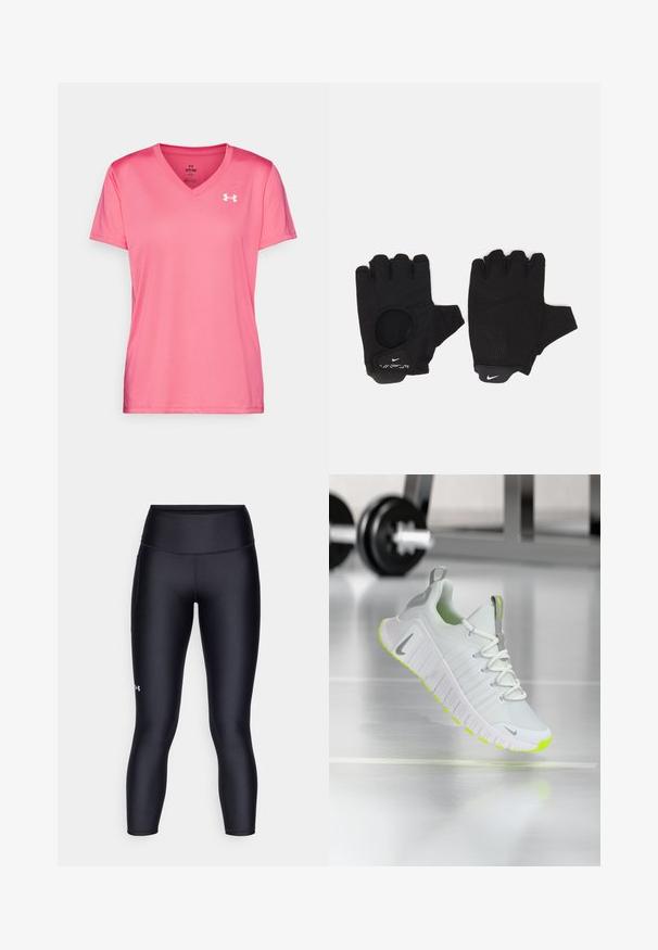 Roze sportieve T-shirt met een V-halsontwerp, korte mouwen en een lichte, gladde textuur. Heeft een wit logo op de bovenste linkerzijde.; Zwarte leggings van glad, rekbaar materiaal. Hoog ingezette taille met een nauwsluitende pasvorm en een klein logo op het linkerpedaal.; Witte sportieve schoen met een geprofileerde mesh bovenkant, een dikke zool met neon gele accenten en reflecterende grijze details op de hiel.; Zwarte vingerloze handschoenen met een gestructureerd ontwerp. Gemaakt van een ademend materiaal, met een duimopening en versterkte palm voor grip.