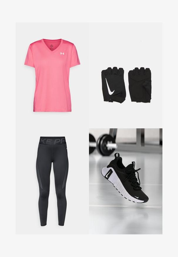 Rosa Sport T-Shirt mit V-Ausschnitt, kurzen Ärmeln und einer leichten, glatten Textur. Mit einem weißen Logo auf der oberen linken Seite.; Schwarze sportliche Leggings mit strukturiertem seitlichem Einsatz, hohem elastischem Taillenbund mit "NIKE PRO"-Markierung und figurbetonter Passform.; Schwarzer Sportschuh mit strukturiertem Stoffobermaterial, weißer Sohle und auffälligem Schnürsystem. Verfügt über ein Nike-Logo und ein weiches, gepolstertes Design.; Schwarze fingerlose Fitnesshandschuhe aus atmungsaktivem Stoff, mit einem weißen Nike-Logo, gepolsterten Handflächen und einem offenen Handgelenkdesign für bessere Flexibilität.