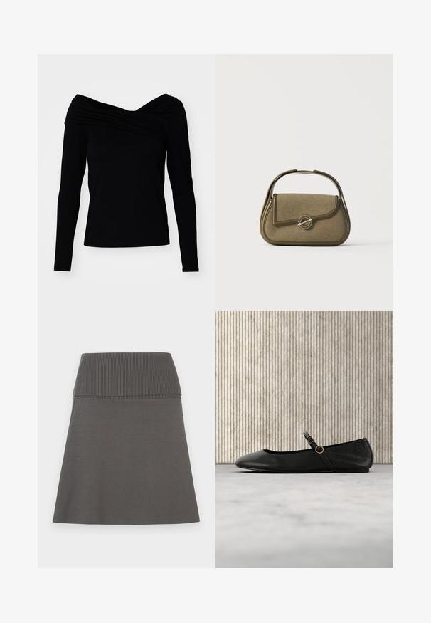 Zwarte off-the-shoulder top met lange mouwen, met een gedrapeerd ontwerp en een soepele textuur voor een aansluitende silhouet.; Donkergrijze rok met een brede, geribbelde elastische tailleband en een lichte A-lijnvorm op een witte achtergrond.; Zwarte leren ballerinas met een ronde neus, voorzien van een dunne band en gouden ronde gespen. Glad oppervlak en minimalistisch ontwerp.; Kleine olijfgroene handtas met afgeronde hoeken, een bovenhandvat en een klep met een sluiting die vastzit met een ronde metalen sluiting.