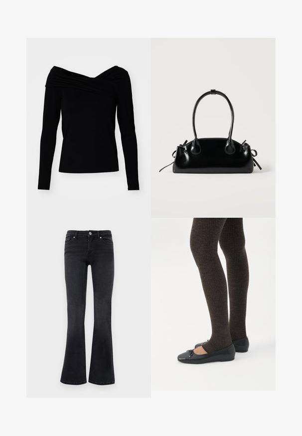 Zwarte off-the-shoulder top met lange mouwen, met een gedrapeerd ontwerp en een soepele textuur voor een aansluitende silhouet.; Zwarte denim bootcut jeans met een voorste knop, rits, riemlussen en vijf-pocket ontwerp.; Benen met donkere geribbelde leggings gecombineerd met zwarte ballerina's met kleine strikdetails op een witte achtergrond.; Kleine zwarte glanzende handtas met twee lange hengsels en zijkant trekkoord details op een effen lichte achtergrond.