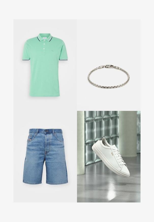 Polohemd aus mintgrünem Baumwollstoff, ausgestattet mit einer Zwei-Knopf-Leiste und kontrastierenden dunkelblauen Streifen am Kragen und an den Ärmeln.; Helle blaue Jeansshorts mit klassischem Schnitt, leichter Ausbleichung, Fünf-Taschen-Design und kupferfarbenen Nähten. Verfügt über einen Knopfverschluss vorne.; Weißer Leder-Low-Top-Sneaker mit Schnürsenkeln, schwarzer Fersenschlaufe und „BOSS“-Logo, der drinnen nahe einer Glassteinwand und einem polierten Boden schwebt.; Silbernes Metallarmband mit einem verlinkten Design, das einen Verschluss mit dem "BOSS"-Logo aufweist. Glatte Textur und minimalistischer Stil.
