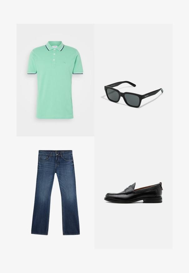 Polo en coton vert menthe, avec une patte de boutonnage à deux boutons et des rayures contrastantes en bleu marine sur le col et les manches.; Jean en denim bleu foncé avec une coupe droite, des coutures contrastées, cinq poches et une fermeture par bouton. Texture lisse sans ornements.; Mocassin homme en cuir noir avec couture moc toe, bride penny, col texturé et petit talon empilé sur fond blanc.; Lunettes de soleil noires de forme rectangulaire, finition mate et verres sombres. Présentent un branding discret sur les branches.