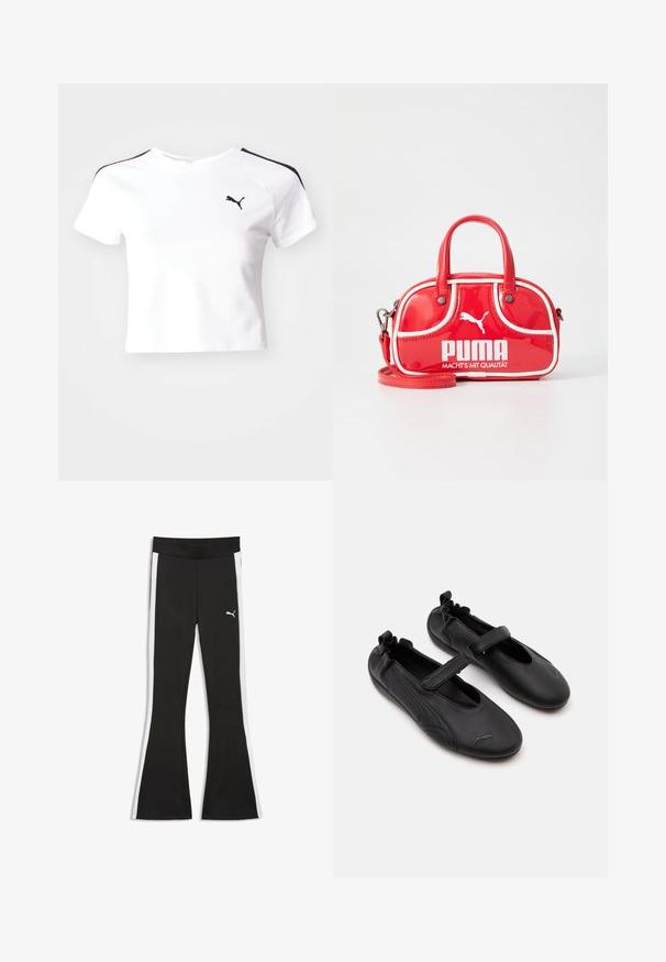 Weißes, kurzes T-Shirt aus Baumwolle mit schwarzen Schulterakzenten und einem kleinen schwarzen Logo auf der linken Brustseite.; Schwarze ausgestellte Hose mit weißen Seitenstreifen und Puma-Logo am oberen linken Bein, ausgestattet mit einem breiten Bund.; Paar schwarze Leder Mary Jane-Schuhe mit elastischem Fersenbereich und Klettverschluss, mit einem dezenten Puma-Logo auf jeder Zehe.; Mini-Handtasche aus rotem Lackleder mit weißen Akzenten, runder Form, doppelten Griffen, abnehmbarem Schultergurt und prominentem PUMA-Logo.