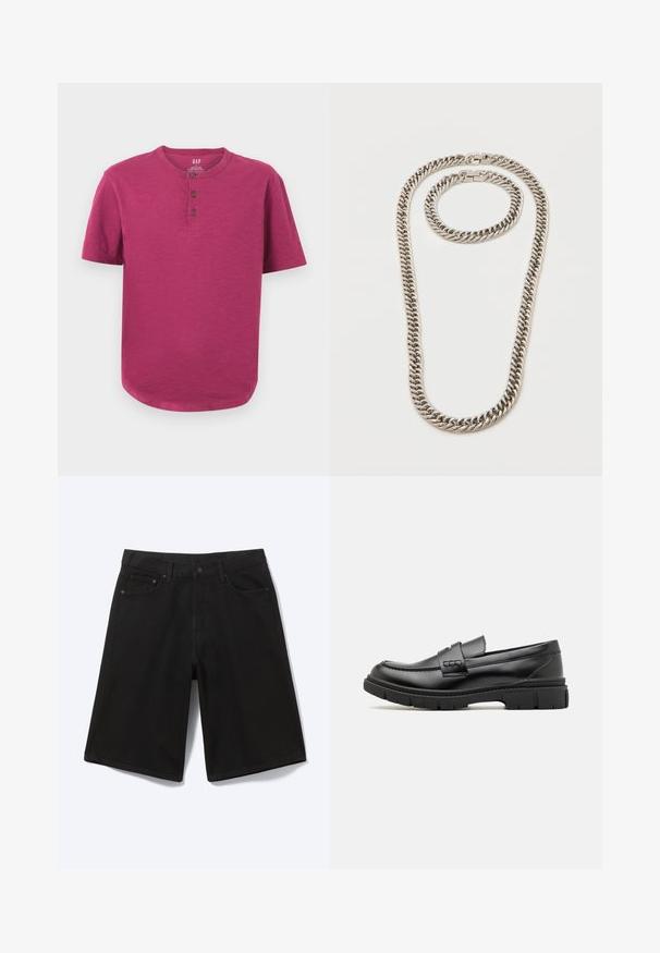Kurzarm-Henley-Shirt in einem lebhaften Magenta-Ton. Mit Rundhalsausschnitt, Drei-Knopf-Leiste und leicht abgerundetem Saum. Weiche Textur.; Schwarze knielange Jeansshorts mit Frontknopf, Gürtelschlaufen und fünf Taschen, dargestellt vor weißem Hintergrund.; Schwarze Lederloafer mit einem breiten Riemen über dem Rist, Gummisohle mit dicken Profilen und glatter Textur. Klassisches, schlankes Design.; Silberfarbene dicke Gliederkette und passendes Armband mit ineinandergreifenden Gliedern und Kastenschlössern auf weißem Hintergrund.