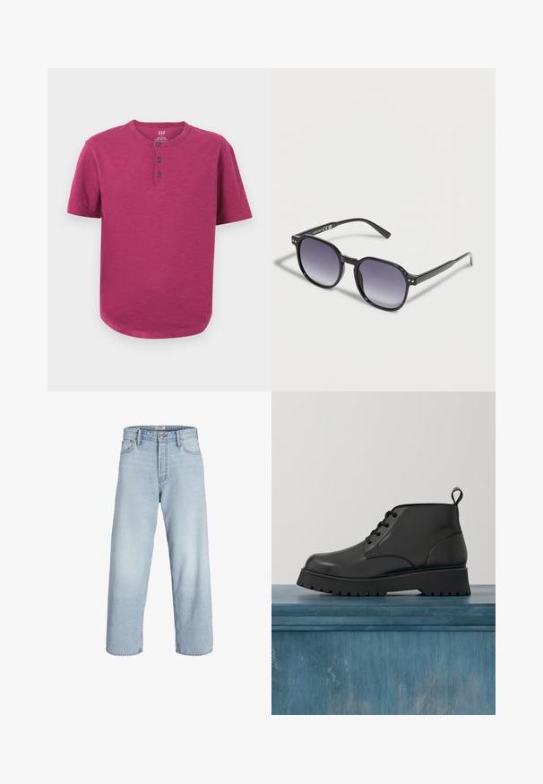 Korte mouwen henley-shirt in een levendige magenta kleur. Heeft een ronde hals, een drieknoopsluiting en een licht afgeronde zoom. Zachte textuur.; Lichtblauwe denim jeans met een hoge taille, wijde pijpen en een rechte snit. Voorzien van een klassieke knoopsluiting en een ontwerp met vijf zakken.; Zwarte leren enkelboot met een glanzende afwerking. Kenmerkt zich door een ronde neus, vetersluiting en een dikke, geribbelde zool voor grip.; Zonnebril met zwart montuur en afgeronde vierkante paarse verloopglazen, rustend op een witte ondergrond.