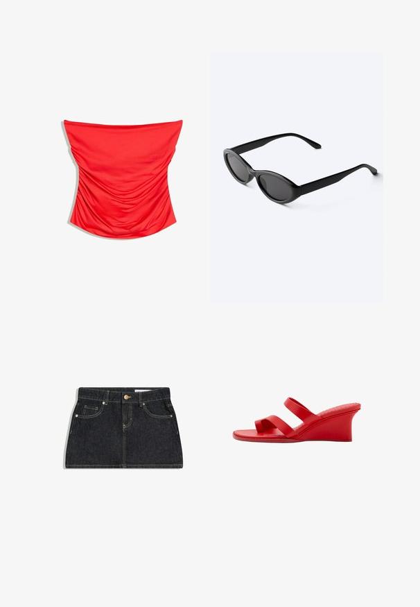 Haut tube rouge sans manches avec des détails en tissu froncé, conçu pour s'ajuster parfaitement autour du torse.; Mini-jupe en denim noir avec poches avant, passants pour ceinture, fermeture à boutons et surpiqûres contrastantes sur fond blanc.; Sandale compensée rouge avec deux brides, bout ouvert et talon de hauteur moyenne, vue de côté sur fond blanc.; Lunettes de soleil ovales noires et élégantes avec des verres foncés et des branches droites, posées sur une surface blanche.