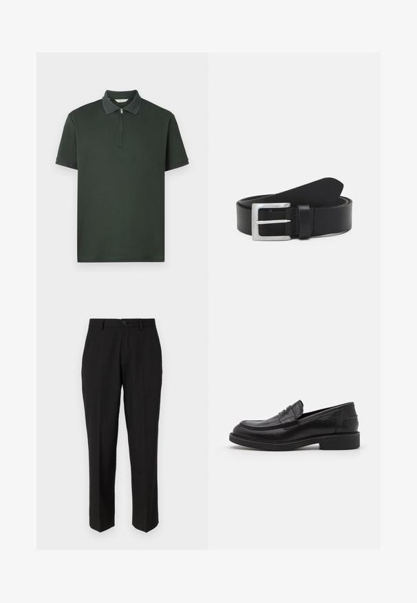 Donkergroene polo shirt met korte mouwen, met een ritskraag en contrasterende textuur bij de kraag. Gemaakt van een gladde stof met een minimalistisch ontwerp.; Zwarte broeken van soepele stof, met een rechte pijpconstructie, vo pockets, een enkele knoopsluiting en geen zichtbare patronen.; Zwarte leren loafers met een ronde neus, ton-sur-ton stiksels en een banddetail aan de voorkant. Rubberen zool met een lage hak.; Zwarte leren riem met een gladde textuur, zilveren rechthoekige gesp en een lus voor het einde. Heeft nette stiksels langs de randen.