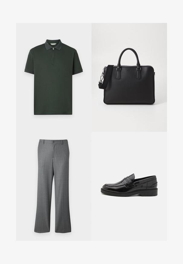Polo de color verde oscuro con mangas cortas, cuello con cremallera y ribete texturizado en contraste. Hecho de una tela suave con un diseño minimalista.; Pantalones de rayas grises con un ajuste relajado, que presentan un cierre de botón, pasadores para cinturón y sutiles rayas azul claro en toda su superficie.; Mocasines de cuero negro con un acabado suave, punta redondeada, tacón bajo y costura decorativa en la parte delantera. Suela de goma para mayor agarre.; Bolso de cuero negro con superficie texturizada, dos asas y una correa para el hombro desmontable. Presenta cremalleras plateadas y elementos de diseño minimalistas.