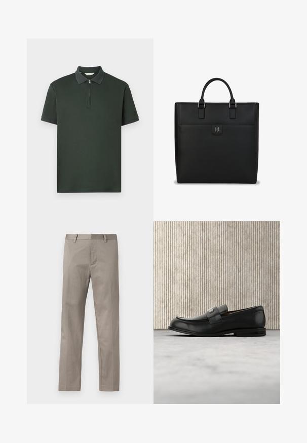 Polo shirt vert foncé à manches courtes, col zippé et bord de col texturé contrastant. Fabriqué en tissu lisse avec un design minimaliste.; Pantalon gris clair à coupe droite, réalisé en tissu lisse, avec devant plat et ceinture standard munie de passants pour ceinture.; Mocassin en cuir noir avec une plaque de marque en métal reposant près d'une table ronde marron sur un sol recouvert de moquette beige.; Sac fourre-tout en cuir noir avec une forme rectangulaire structurée, des poignées supérieures doubles, des accents argentés et une poche avant avec un logo.
