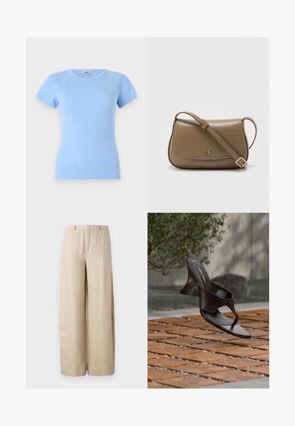 Camiseta de manga corta azul claro hecha de tejido acanalado; presenta un escote redondo y una silueta ajustada.; Pantalones anchos color beige, hechos de lino. Presentan un pliegue frontal, dos bolsillos laterales y una cinturilla con pasadores para cinturón. Textura suave.; Sandalia de tiras con tacón marrón de Calvin Klein suspendida sobre suelo exterior de loseta de madera y grava, con fondo desenfocado de vegetación y piedras.; Bolso bandolera de cuero marrón con forma curva, con un logo "cK" dorado y una correa ajustable. Textura suave, diseño minimalista.