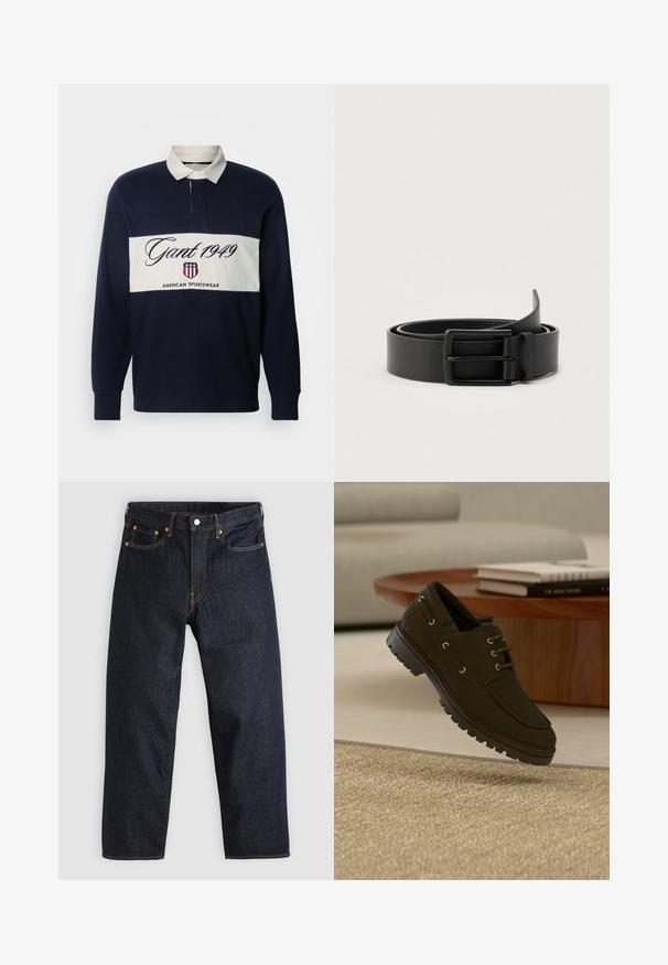 Polo à manches longues bleu marine avec col blanc et bande horizontale blanche. Présente le logo "Gant 1949" et le branding American Sportswear. Matière en mélange de coton.; Jean en denim bleu foncé avec une coupe droite, cinq poches, des coutures orange contrastantes et une fermeture à boutons. Pas de motifs ou d'ornements visibles.; Chaussure noire à lacets en cuir avec semelle en caoutchouc épaisse, flottant au-dessus d'un tapis beige texturé près d'une table basse en bois et de livres empilés.; Ceinture en cuir noir à texture lisse avec une boucle rectangulaire en métal, présentant un design simple sans motifs ni accents visibles.