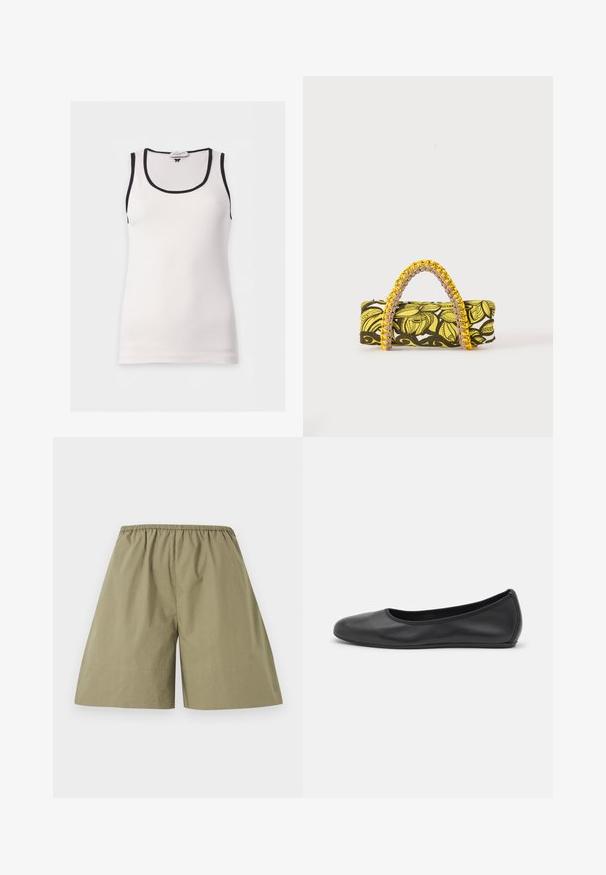Débardeur blanc sans manches avec bordure noire autour de l'encolure et des emmanchures sur un fond uni.; Shorts longueur genou de couleur kaki avec une ceinture élastique, fabriqués en tissu léger, présentés sur un fond blanc uni.; Ballerines en cuir noir avec un bout rond, texture lisse, détails de couture minimalistes et design de semelle flexible.; Sac rectangulaire avec motif floral jaune et noir et anse tressée jaune et rose sur fond blanc.