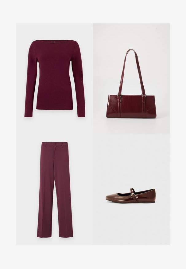 Top de manga larga color granate con escote barco, hecho de tela suave. Cuenta con un diseño ajustado y textura lisa, sin patrones o detalles visibles.; Pantalones de pernera amplia en color burdeos, hechos de una tela suave. Cuentan con un cierre de botón y bolsillos clásicos. Diseño simple sin patrones ni acentos.; Bailarina de charol marrón con punta cuadrada y tira que presenta una pequeña hebilla dorada. Textura suave, tacón bajo y diseño minimalista.; Bolso burdeos hecho de material brillante, de forma rectangular, con dos asas para el hombro y sutiles acentos curvados en la parte frontal.