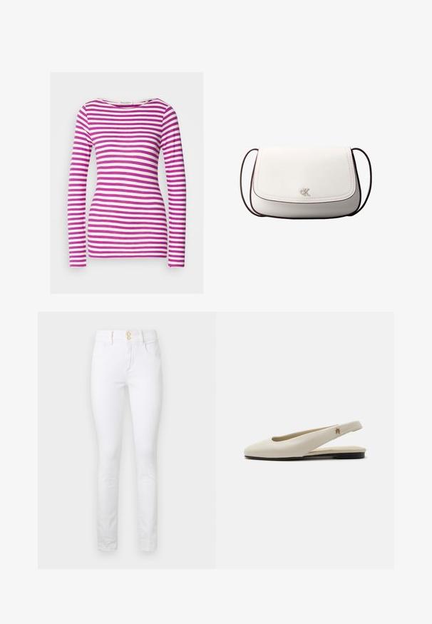 Langærmet T-shirt med en tætsiddende pasform, lavet af blødt bomuld. Har vandrette lyserøde og hvide striber samt en bred rund halsudskæring.; Hvide denim skinny jeans med høj talje, to forlommer og guldbeslag på knapperne. Glat tekstur med et klassisk design med fem lommer.; Flatsko i cremefarvet læder med rundet tå og lille guldemblem på remmen.; Hvid skuldertaske med klaplukning, lille sølv "cK" logo i midten og tynd, justerbar, mørkebrun rem.