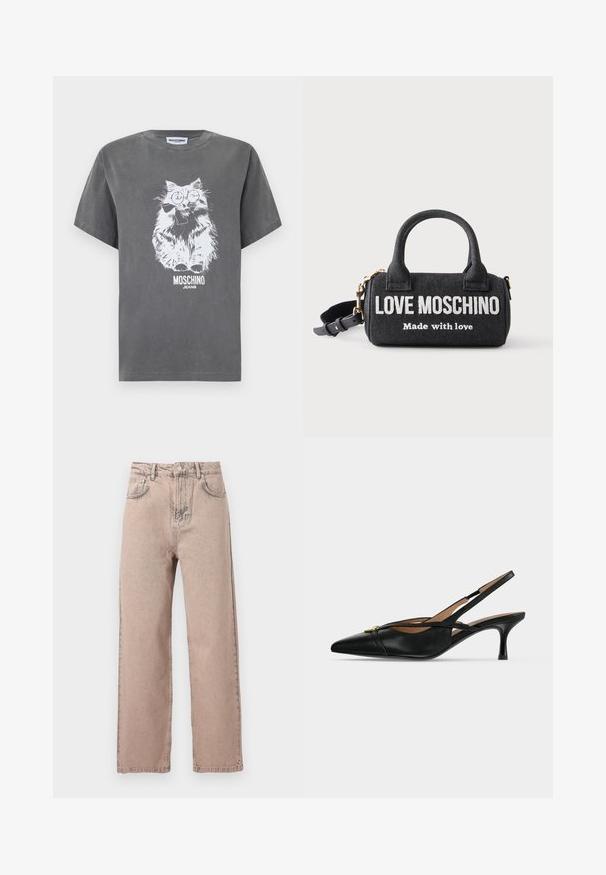 Σκούρο γκρι T-shirt με λευκό σχέδιο ενός φουντωτού γάτου που φοράει στρογγυλά γυαλιά και παπιγιόν, με το κείμενο "MOSCHINO JEANS" από κάτω.; Μπεζ τζιν με ίσια μπατζάκια και ψηλή μέση, με κουμπί μπροστά, θηλιές για ζώνη και κλασικό σχεδιασμό πέντε τσεπών σε απλό φόντο.; Μαύρο δερμάτινο παπούτσι slingback με μυτερή μύτη, χαμηλό τακούνι kitten και χρυσή αγκράφα μπροστά.; Μικρό μαύρο γυναικείο τσαντάκι Love Moschino με δύο λαβές, λευκό κείμενο "Love Moschino Made with love," και ρυθμιζόμενο ιμάντα ώμου.