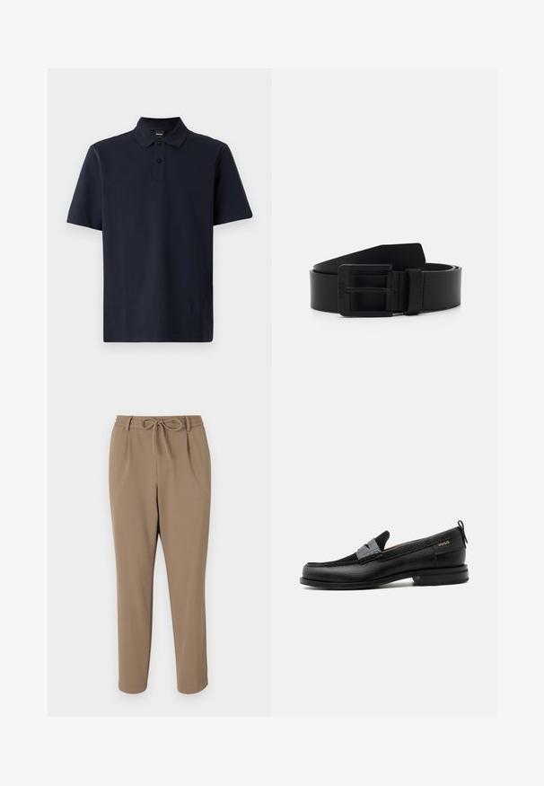 Tässä on tummansininen lyhythihainen polo-paita, joka on valmistettu rakenteellisesta puuvillasta. Paidassa on kaksinappinen kaulus, tavallinen kaulus ja hillityt olkapäärakenteet.; Beige tapered-housut, joissa on naruvyötärö, sivutaskut ja sileä pinta. Ei näkyviä kuvioita tai lisäkoristeita.; Musta nahkalesti harmaalla remmikoristeella, matala korko ja teksturoitu pohja, sivustalla kullanvärisellä "HUGO"-brändillä.; Musta nahkavyö mattapinnalla, jossa on suorakulmainen metallisolki ja sileä tekstuuri. Yksinkertainen muotoilu ilman kuvioita tai koristeita.