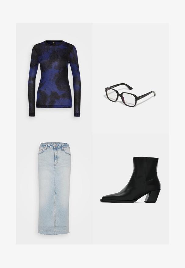 Langärmliges Oberteil in blauem und schwarzem abstraktem Muster, aus weichem Stoff gefertigt, mit Rundhalsausschnitt und tailliertem Design.; Hellblauer Jeansrock mit geradem Design, knielang, mit einem vorderen Schlitz, ausgefranstem Saum und fünf Taschen.; Schwarze Leder-Stiefelette mit spitzem Zeh, schlanker Silhouette und klobigem quadratischem Absatz. Glatte Textur mit minimalen Nähdetails.; Schwarze rechteckige Brille mit klaren Gläsern, abgerundeten Kanten und seitlichen Akzenten, mit glänzender Oberfläche des Rahmens und der Bügel.