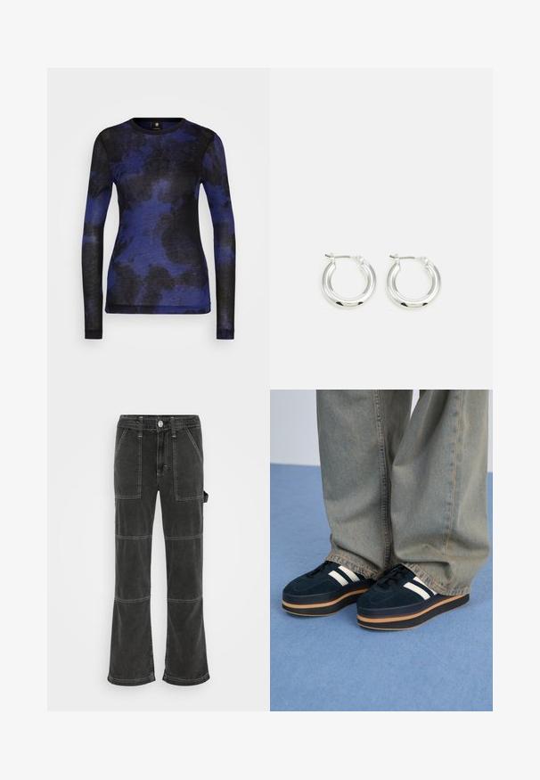 Langärmliges Oberteil in blauem und schwarzem abstraktem Muster, aus weichem Stoff gefertigt, mit Rundhalsausschnitt und tailliertem Design.; BDG Urban Outfitters UTILITY SKATE - Jeans Relaxed Fit - washed black; Dunkelblaue Wildleder-Plattform-Sneaker mit weißen Streifen und schwarzen Schnürsenkeln. Mit einer dicken braunen Gummisohle ausgestattet. Tragen Sie sie mit hellblauen Jeans.; Silberne Creolen mit glänzender Oberfläche, die eine kreisrunde Form haben und mit einem schwenkbaren Verschluss ausgestattet sind. Glatte Textur mit minimalen Details.