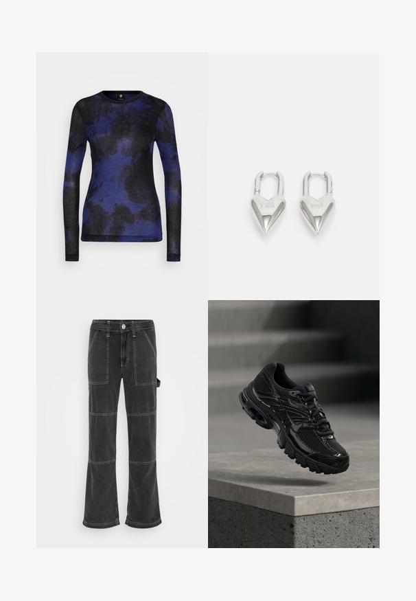 Pikkade varrukatega topp sinise ja musta abstraktse mustriga, valmistatud pehmest kangast, omab ümarat lõika ja keha lähedast kujundust.; BDG Urban Outfitters UTILITY SKATE - Avar lõikega teksad - washed black; Must Nike jooksujalatsite võrkkangas ja sünteetilise pealiskihiga, hõljub betoonpinna ja tähtede kohal taustal.; Hõbedased südamekujulised lukuvidinad, millel on kohandatud "JAA" ja "EI" tekst, poleeritud viimistlus, sümmeetriline disain ja tugev metallist klamber.