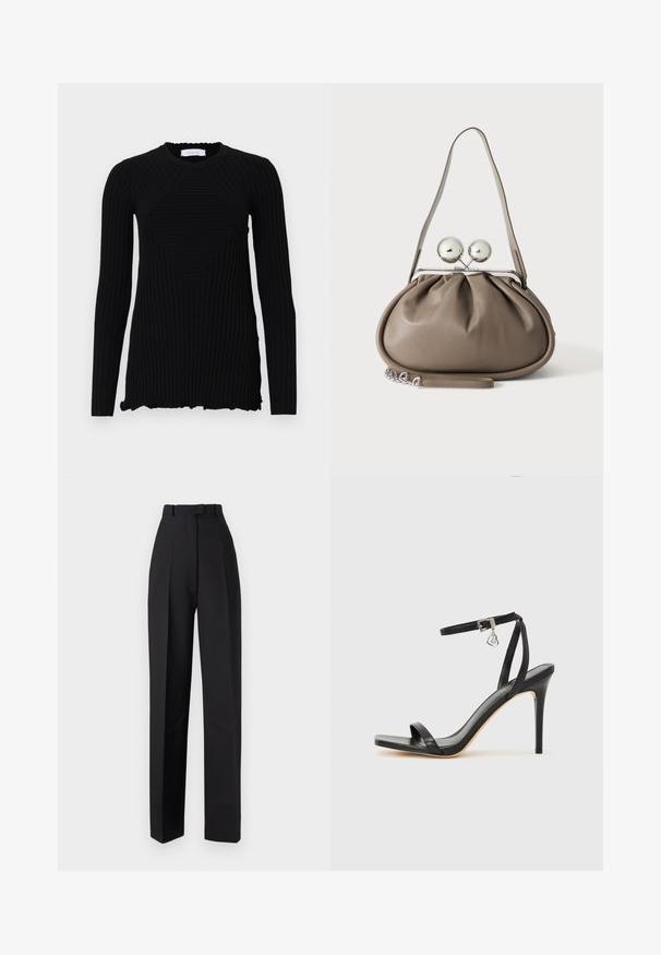 Rabanne Camiseta de manga larga - black; Pantalones negros de talle alto con pliegues, que presentan un diseño a medida y piernas rectas. Confeccionados con un tejido suave, con un detalle mínimo.; Sandalia de tacón alto negra con una estrecha correa en el tobillo, punta cuadrada, material de cuero liso y detalle de hebilla metálica.; Bolso de mano de cuero gris con forma redondeada, cierre superior con dos grandes esferas plateadas y una sola asa de correa.