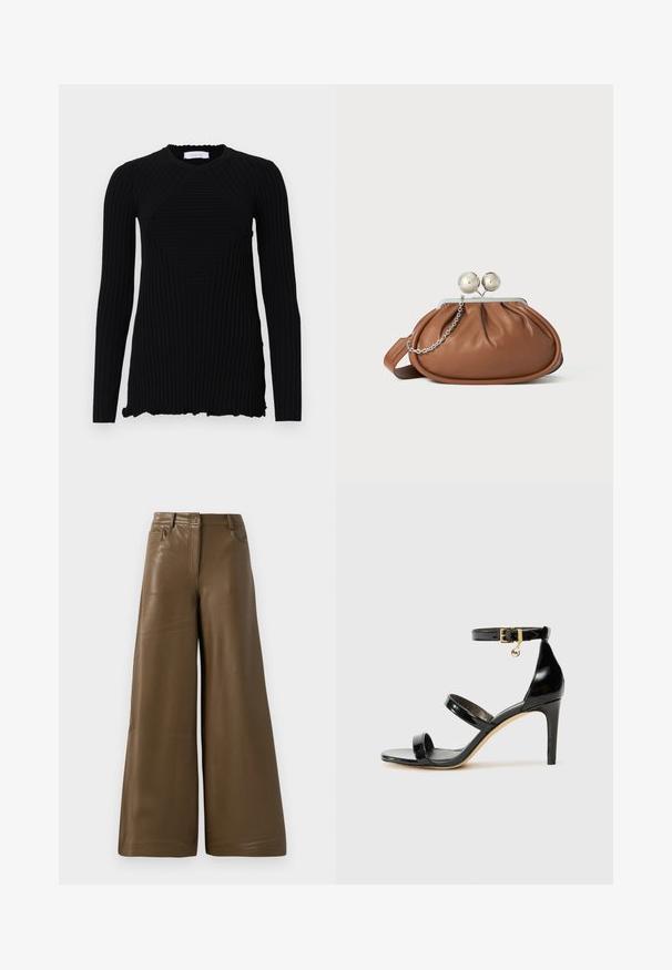 Rabanne Camiseta de manga larga - black; Pantalones de pierna ancha hechos de suave cuero sintético marrón. Presentan una cintura alta, cuatro bolsillos y una cremallera frontal. Textura lisa y diseño minimalista.; Sandalia de charol negro con tres correas, hebilla en el tobillo y tacón de aguja de 10 cm. Presenta detalles de hardware en oro y un charm con el logo.; Bolso de mano de cuero marrón con cierre de bola plateada y un pequeño detalle de cadena plateada sobre un fondo blanco.