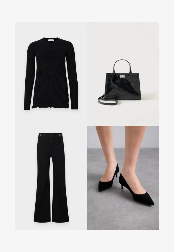 Rabanne Langarmshirt - black; Schwarze Jeans mit ausgestelltem Bein, hoher Taille, fünf Taschen, goldfarbenen Details und einer glatten Denim-Textur.; Schwarze Wildleder-Pumps mit spitzem Zehenbereich, schlankem, klassischem Mittelabsatz und weiter Öffnung, abgebildet auf nackten Füßen vor einem grauen Hintergrund.; Schwarze Handtasche aus Lackleder mit abgerundeten Griffen, abnehmbarem Schulterriemen und silberner Verschlussklammer auf einfachem weißem Hintergrund.