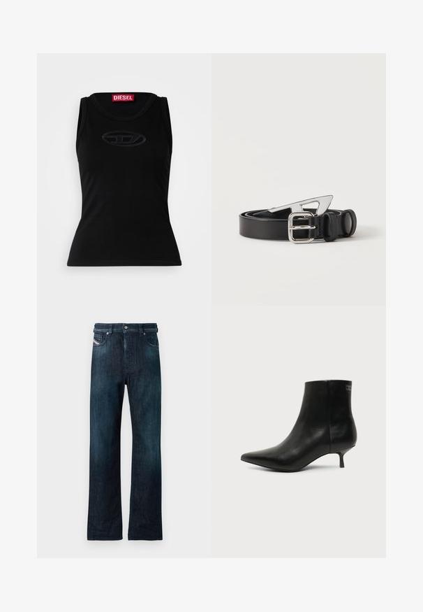 Débardeur sans manches noir en coton doux, avec un logo en relief subtil au centre et une étiquette de marque rouge dans le col.; Jean en denim bleu foncé avec une coupe droite, doté d'une fermeture avant à boutons et de poches latérales. Texture douce avec une finition légèrement délavée.; Bottine en cuir noir avec bout pointu et petit talon kitten sur fond clair, vue côté extérieur.; Ceinture en cuir noir roulée avec une boucle rectangulaire argentée et une pointe de ceinture géométrique argentée unique sur fond blanc.