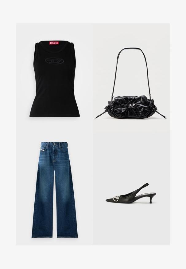 Débardeur sans manches noir en coton doux, avec un logo en relief subtil au centre et une étiquette de marque rouge dans le col.; Jean en denim large à la coupe décontractée, dans un lavage foncé. Doté d'un design classique à cinq poches, avec fermeture à bouton et légère décoloration sur les cuisses.; Escarpin noir en cuir avec un bout pointu, arborant un accent logo argenté et un petit talon. Texture lisse et design minimaliste.; Sac à main en cuir noir avec un design froncé et un détail en forme de nœud sur le devant. Dispose d'une poignée courte et d'accents de quincaillerie argentée.