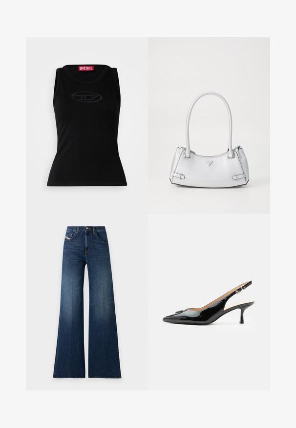 Débardeur sans manches noir en coton doux, avec un logo en relief subtil au centre et une étiquette de marque rouge dans le col.; Jeans taille haute, bleu foncé, à jambe large, avec poches avant et à pièce, fermeture à bouton et détails de décoloration subtile sur les cuisses.; Escarpin slingback en cuir verni noir avec bout pointu, petit talon kitten et bride à boucle argentée sur fond blanc uni.; Sac à main argenté avec un design structuré, doté de deux poignées, d'une texture brillante, de quincaillerie accentuée et d'un logo triangulaire sur le devant.