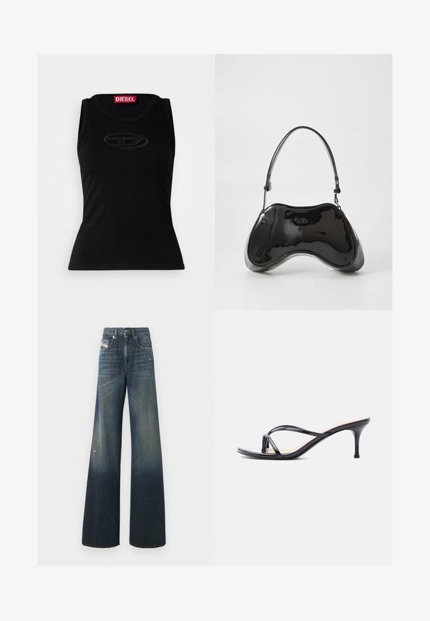 Débardeur sans manches noir en coton doux, avec un logo en relief subtil au centre et une étiquette de marque rouge dans le col.; Jean en denim à jambes larges de couleur bleu foncé avec une finition délavée, présentant un genou usé et un design classique à cinq poches avec une étiquette.; Sandale à talon en cuir verni noir avec fines lanières croisées et talon aiguille moyen et élancé sur fond blanc.; Sac à main en cuir verni noir avec une forme incurvée unique, une anse courte et ajustable, et une fermeture zippée. Texture lisse avec un branding discret.