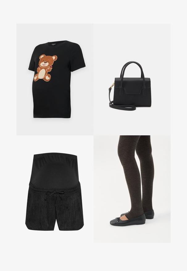 Zwart zwangerschaps T-shirt met een grote, textuurrijke bruine teddybeerprint op de voorkant. Korte mouwen en een ontspannen pasvorm.; Zwarte zwangerschapsbroek met een textuurdesign, trekkoord in de taille en een soepele, elastische tailleband. Zachte stof voor comfort.; Benen met donkere geribbelde leggings gecombineerd met zwarte ballerina's met kleine strikdetails op een witte achtergrond.; Zwarte gestructureerde handtas van leer met een bovenhandvat, een afneembare schouderriem en een voorflapdetail. Gouden hardwareaccenten.