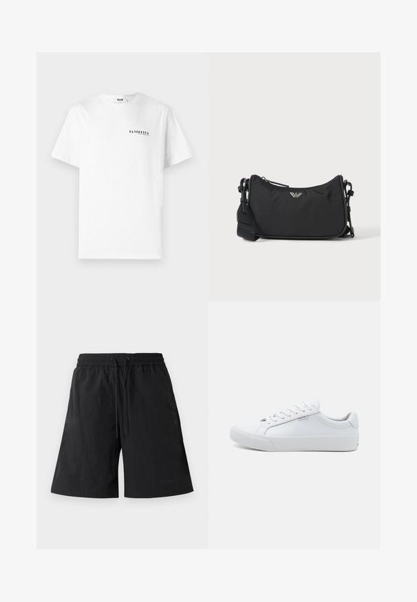 T-shirt en coton blanc avec un col rond, présentant un petit texte graphique noir "LA VEDDITA" sur la partie gauche de la poitrine.; Shorts noirs en tissu léger avec une surface texturée, dotés d'une taille élastique et de cordons de serrage pour un ajustement réglable.; Baskets blanches en cuir avec une finition lisse, design bas, bout rond et semelle plate en caoutchouc. Dotées de lacets plats et d'une signalétique minimale.; Sac bandoulière rectangulaire noir avec emblème du logo de la marque argenté et sangle réglable sur fond clair.
