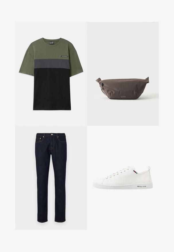 Grøn kortærmet T-shirt med grå og sorte vandrette striber, rund hals, og lille EA7-logo på øverste venstre bryst.; Mørke denim jeans med lige ben, der har kontrastsyning, fem-lomme stil og knaplukning i taljen.; Hvide lædersneakers med en glat tekstur, rund tå og kontrastfarvet stripe detalje nær snørebåndene. Har en gummi sål og mærket på siden.; Mørkebrun stof talje taske med diagonalt lynlåslomme og lille hvidt logo på fronten, sat mod en ensfarvet lys baggrund.