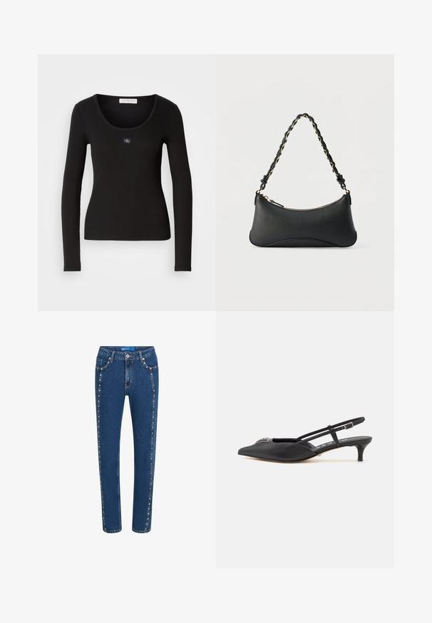 Sort langærmet ribbet top med rund halsudskæring, der har et lille, kvadratisk Calvin Klein-logo som accent på brystet. Blød tekstur.; Mørkeblå denim jeans med lige pasform, der har kontrasterende syninger og dekorative nitter langs sidesømmene og forlommerne.; Sorte slingback-sko med spids tå, lavet af glat materiale, med en lille hæl og en dekorativ sølvaccent på vamps.; Sort skuldertaske i læder med en buet rektangulær form, gyldent kæde vævet ind i en flettet sort rem og toplynlås.