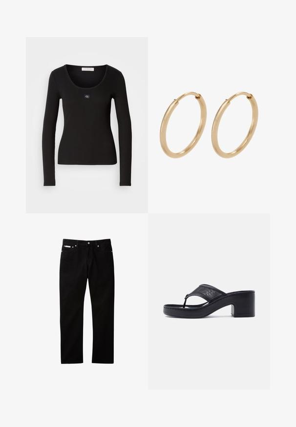Sort langærmet ribbet top med rund halsudskæring, der har et lille, kvadratisk Calvin Klein-logo som accent på brystet. Blød tekstur.; Sorte denimjeans med lige ben, der har knappelukning og lynlås, fem lommer og en lille logomærkat på taljen.; Sort hælet flip-flop sandal med kraftig hæl og bredt netstofsrem over foden på en ensfarvet lys baggrund.; Guldøreringe med en glat, poleret overflade. Rund form, mellemstor, med en sikker lukkemekanisme.