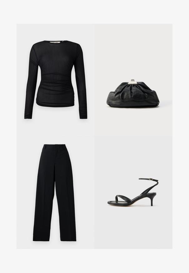 Schwarzes Langarmoberteil aus einem transparenten, dehnbaren Stoff. Mit Raffung an den Seiten und einem Rundhalsausschnitt.; Schwarze hochtaillierte weite Hose mit Knopf- und Reißverschluss, Gürtelschlaufen und einem klaren, glatten Stofffinish.; Schwarze Ledersandale für Damen mit dünnen Riemchen, einer Zehenlasche, einer Knöchelschnalle und einem mittelhohen Stöckelabsatz vor neutralem Hintergrund.; Schwarze Leder-Clutch mit geraffter Textur, Metallverschluss und dezentem, auf der Vorderseite geprägtem Logo. Abgerundete Form.