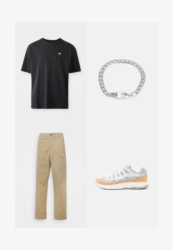 Schwarzes Baumwoll-T-Shirt mit kurzen Ärmeln und Rundhalsausschnitt, das ein kleines rechteckiges Logo mit "NIKE AIR" in Weiß auf der linken Brust zeigt.; Nike Sportswear TREND PANT - Stoffhose - khaki/team orange/khaki; Weiße und graue Sneaker mit hellorangen Akzenten, aus Mesh- und Leder-Materialien, mit einer strukturierten Sohle und geometrischem Muster an den Seiten.; Silberne Kettenarmband mit ineinandergreifenden Gliedern und strukturierter Oberfläche sowie einem rechteckigen Verschluss. Einfaches und modernes Design.