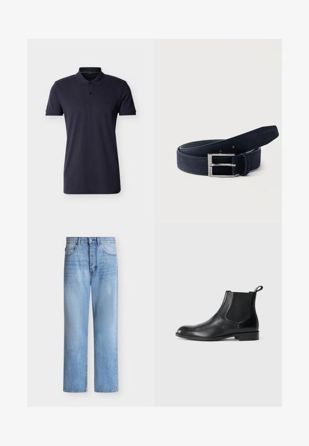 Polo à manches courtes bleu marine avec col, patte de boutonnage à deux boutons, logo discret sur la poitrine gauche et ourlet droit.; Jean droit en denim bleu clair avec fermeture par bouton et zip, poches avant et arrière, et passants de ceinture à la taille.; Bottine en cuir noir avec des panneaux latéraux élastiques, bout rond et tirette. Texture lisse, semelle plate, design minimaliste.; Ceinture en daim bleu foncé roulée avec une boucle rectangulaire en argent gravée de "BOSS" sur un fond clair uni.