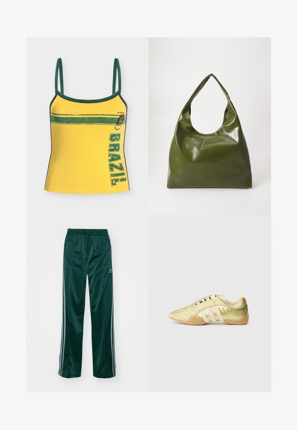 Débardeur jaune avec bordure verte, bande horizontale verte, écusson du Brésil près de la poitrine et texte vertical « BRAZIL » sur le côté droit.; Pantalons de sport vert foncé en matériau brillant, avec des bandes latérales gris clair et un logo brodé sur la jambe gauche.; Chaussure de sport synthétique vert citron avec une texture lisse, comportant trois bandes blanches, une doublure intérieure douce et une semelle extérieure en caoutchouc texturée.; Sac hobo en cuir vert au design décontracté, avec une poignée incurvée et une texture lisse. Ne contient aucun matériel ou accent visible.