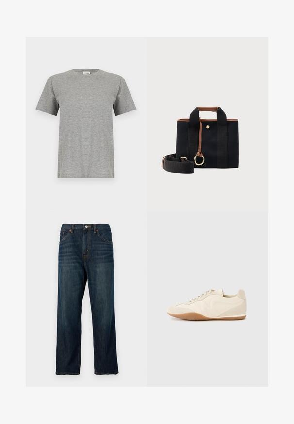 T-shirt gris uni en coton à manches courtes avec un col rond et une petite étiquette blanche à l'intérieur du col portant la mention « CLOSED ».; Jean en denim bleu foncé avec une coupe droite, muni d'une fermeture à bouton, de cinq poches et d'un léger délavage. Tissu durable avec des coutures visibles.; Baskets beige clair avec une tige en cuir texturé, des panneaux latéraux texturés et une semelle en caoutchouc. Dotées d'un design fin et épuré ainsi que de lacets plats.; Sac fourre-tout en tissu noir avec garniture en cuir marron, poignées courtes, bandoulière large détachable et porte-clés en forme d'anneau doré.