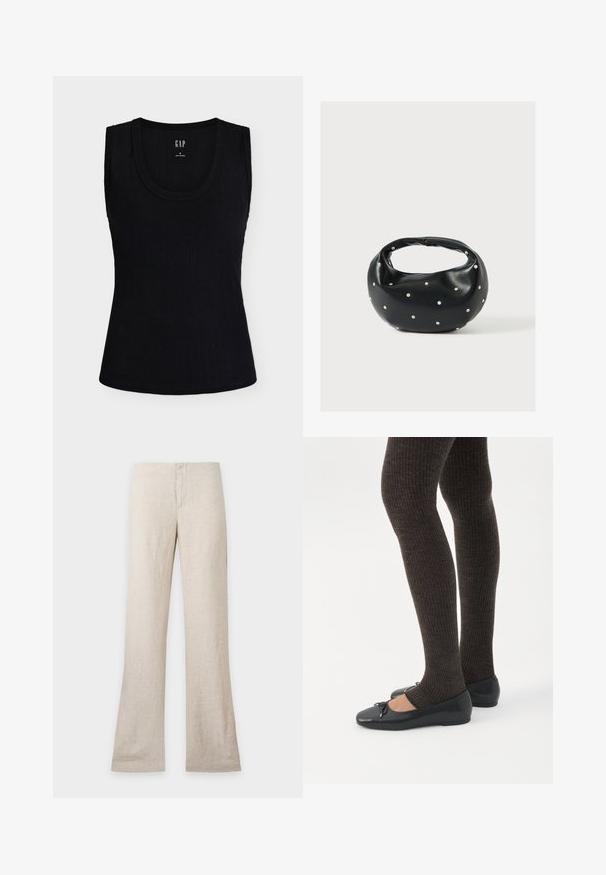 Débardeur noir côtelé sans manches avec encolure ronde, taille small, de GAP, présenté à plat sur fond blanc.; Pantalon en lin beige à jambe droite et fermeture avant dissimulée, présenté à plat sur un fond clair uni. Pas de poches ni de détails visibles.; Jambes portant des leggings côtelés foncés associés à des ballerines noires avec de petits détails en nœud sur fond blanc.; Sac à main en cuir noir de forme arrondie, décoré de clous argentés et équipé d'une poignée courte. Texture lisse et fermeture éclair.