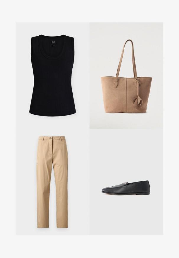 Débardeur noir côtelé sans manches avec encolure ronde, taille small, de GAP, présenté à plat sur fond blanc.; Chinos beiges à texture lisse, coupe droite, taille avec fermeture à bouton et poches avant. Design minimaliste, sans motifs visibles.; Mocassins en cuir noir à texture lisse, bout arrondi et détails de couture subtils. Ils présentent un accent logo doré sur le côté supérieur.; Sac fourre-tout en daim beige doux avec deux longues anses, un design simple et un détail noué sur le côté. Texture lisse sur toute la surface.