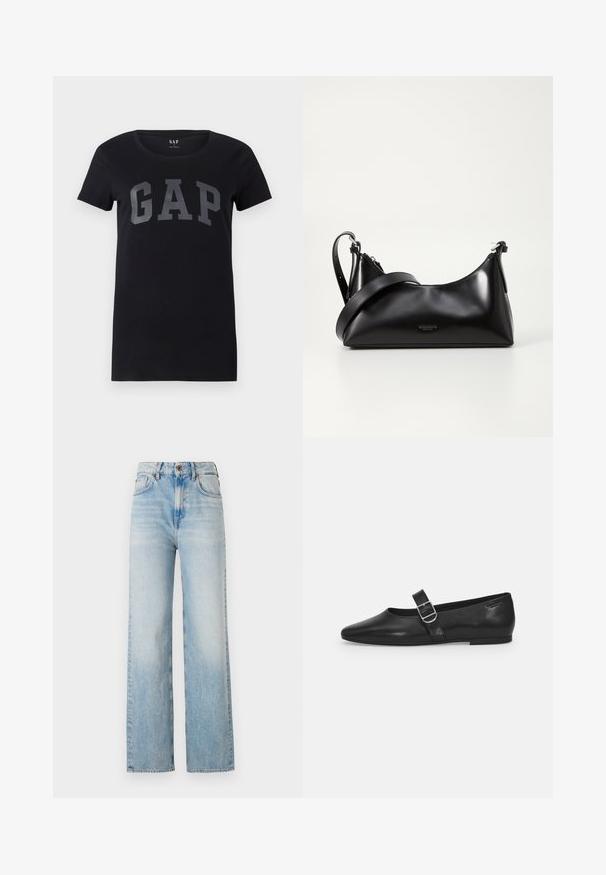 T-shirt noir à manches courtes en coton avec un col rond. Présente un audacieux logo "GAP" gris imprimé sur le devant.; Jean en denim bleu clair à jambes larges, avec une taille haute, un léger délavage et un design classique à cinq poches avec des coutures contrastées.; Chaussure plate en cuir noir avec un bout arrondi, une seule sangle réglable à boucle et une texture lisse et brillante. Design minimaliste avec un petit talon.; Sac à main en cuir noir avec une texture lisse. Dispose d'une bandoulière adjustable et d'un design élégant et minimaliste avec une fermeture éclair.