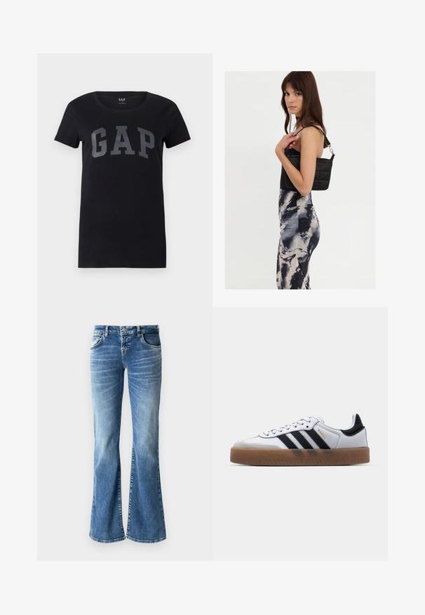 T-shirt noir à manches courtes en coton avec un col rond. Présente un audacieux logo "GAP" gris imprimé sur le devant.; Jean en denim bleu clair, évasés, avec une teinture délavée, cinq poches, des surpiqûres détaillées et une fermeture éclair avec un bouton.; Baskets en cuir blanc avec des rayures noires, semelle extérieure en caoutchouc beige, bout rond, fermeture lacée et embout en suède gris doux.; Sac à épaule noir en matelassé avec une seule sangle et des accessoires en argent, associé à une robe ajustée à motif tie-dye dans des teintes de noir et de crème.