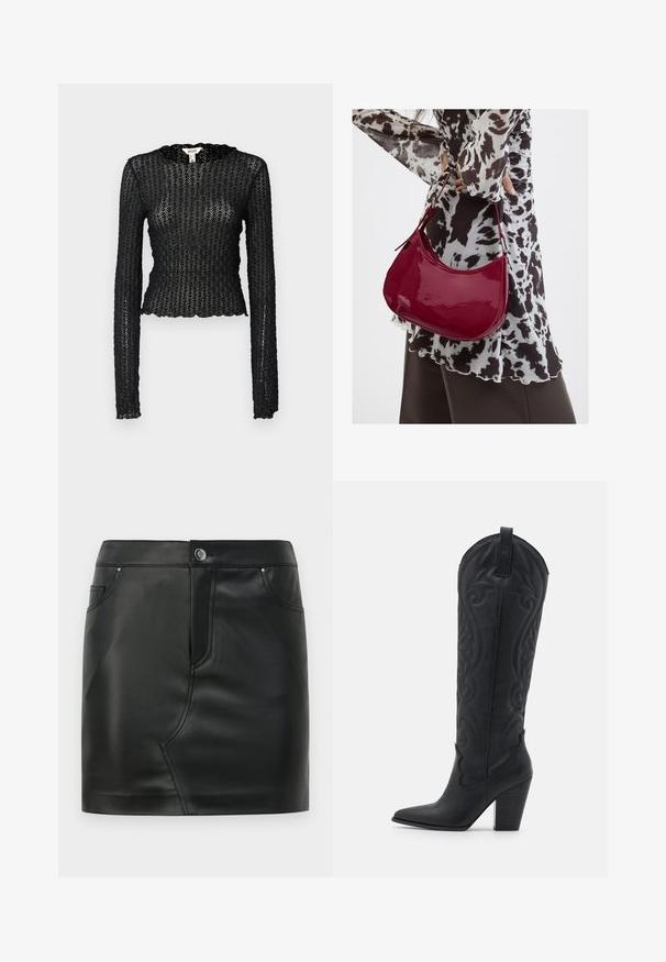 Sort langærmet top lavet af tekstureret blonde, med en bølget udskæring og tætsiddende design med en cropped silhuet.; Sort faux læder mini nederdel med frontknap, lynlås lukning, front- og baglommer samt sømdetaljer.; Zign by Zalando LEATHER - Cowboy- / bikerstøvler - black; Kvinde iført en sort- og hvidmønstret bluse, der holder en blank rød skuldertaske mod en ensfarvet baggrund.