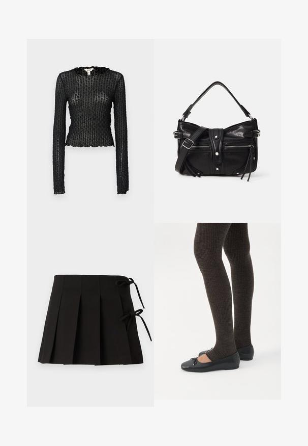 Sort langærmet top lavet af tekstureret blonde, med en bølget udskæring og tætsiddende design med en cropped silhuet.; Sort plisseret nederdel med sidesnore, lavet af stof med en glat tekstur; har et struktureret design og rene linjer.; Ben iført mørke ribbede leggings kombineret med sorte balletsko med små sløjfedetaljer på hvid baggrund.; Even&Odd H24462 - Håndtasker - black
