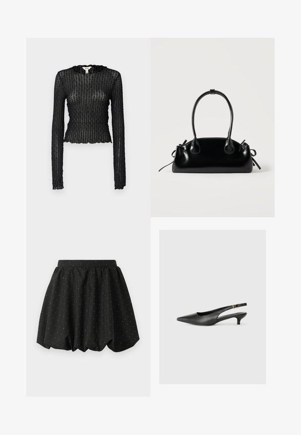 Sort langærmet top lavet af tekstureret blonde, med en bølget udskæring og tætsiddende design med en cropped silhuet.; Sort bubble nederdel med elastisk talje og hvid prikket mønster. Lavet af letvægtsstof, med et voluminøst design og buet kant.; Sorte spidse slingback-sko lavet af glat læder. Har en tynd hæl og en spænde detalje på den justerbare rem.; Lille sort blank håndtaske med to lange håndtag og snøre-detaljer i siden på en ensfarvet lys baggrund.