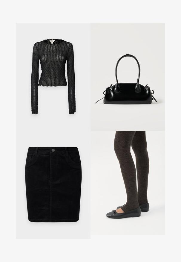 Sort langærmet top lavet af tekstureret blonde, med en bølget udskæring og tætsiddende design med en cropped silhuet.; Sort fløjlssørg med lige skæring, knaplukning, forlommer, ribbet tekstur og mat overflade.; Ben iført mørke ribbede leggings kombineret med sorte balletsko med små sløjfedetaljer på hvid baggrund.; Lille sort blank håndtaske med to lange håndtag og snøre-detaljer i siden på en ensfarvet lys baggrund.